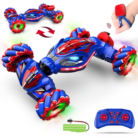 Gesture Sensing Twist Remote Control Cars ,2.4GHz RC Stunt Car, 360° Rotating RC Cars with LED Lights, Sounds & Mist Spray, Fast Car Toys for Kids Boys Girls Ages 3-12, Red Blue