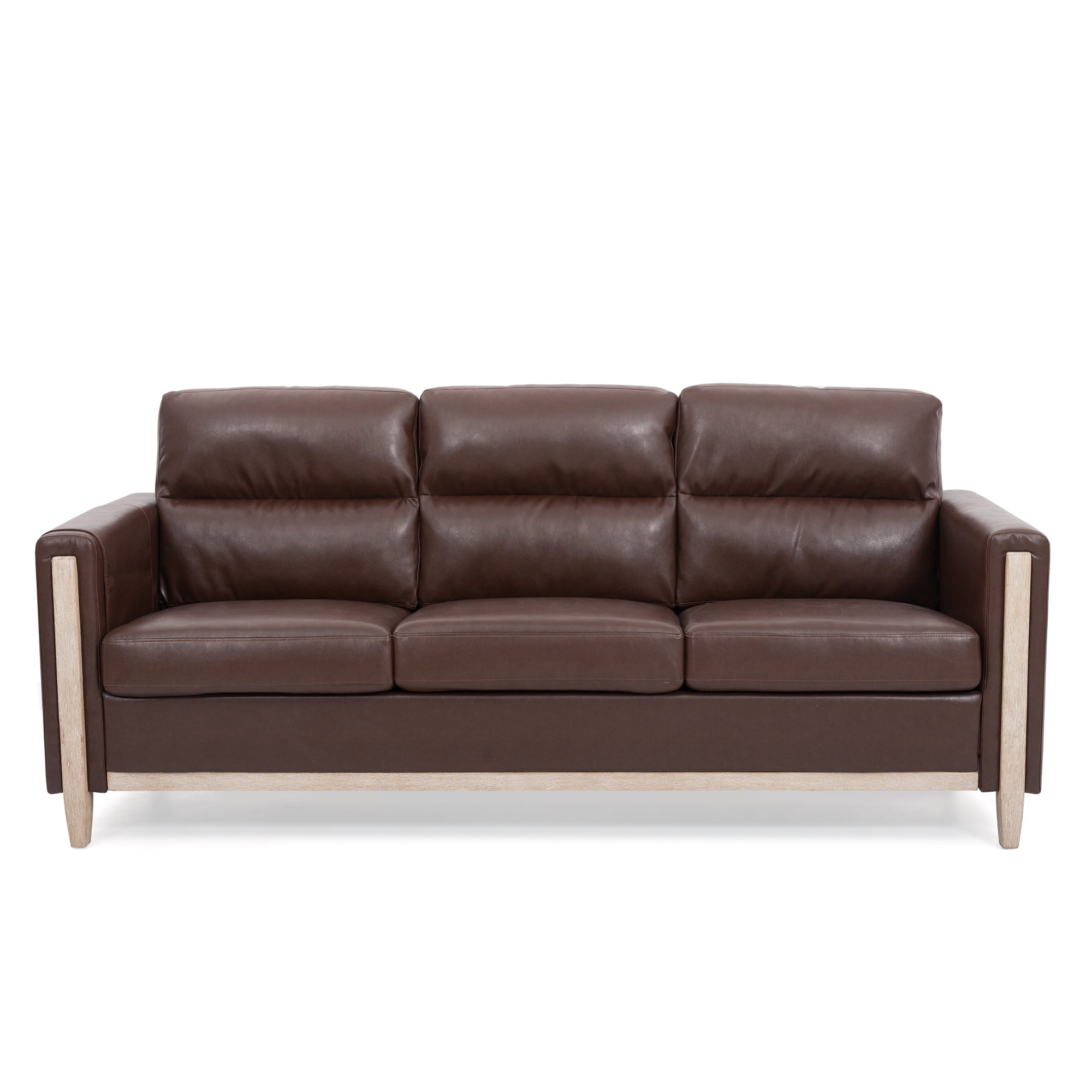 PU Leather 3 Seater Sofa,79.5" Mid Century Modern Upholstered Sofa Couch with 2 Side Storage Pockets,for Living Room,PU Brown