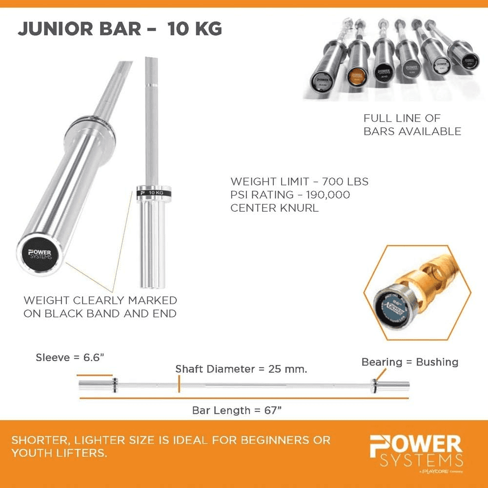 Power Systems 10kg Junior Olympic Bar, 67" Black Zinc & Stainless Steel Traini Barbell for Weightlifting