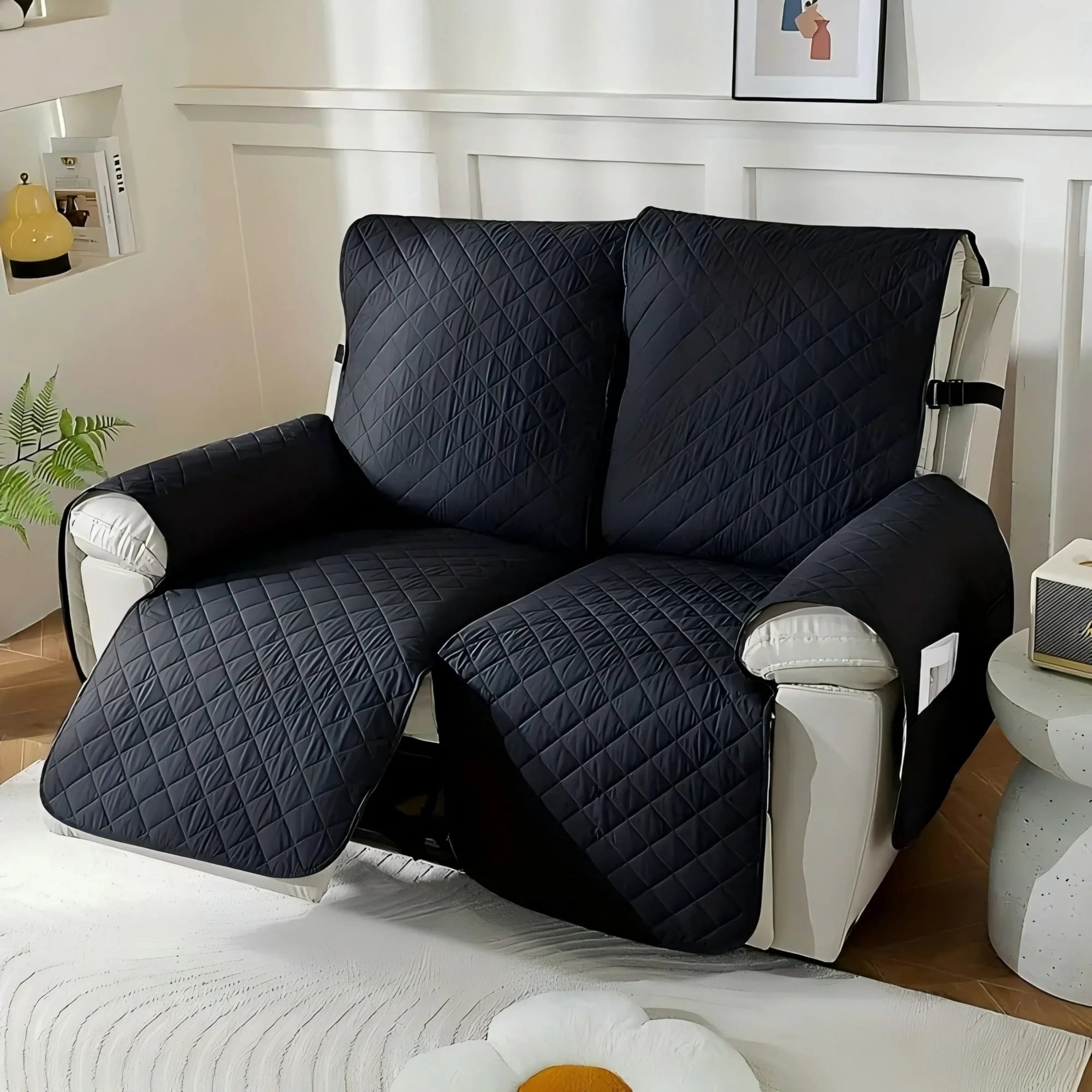 Lavish Cover 100% Waterproof Recliner Loveseat Cover, 2 Pieces Non-Slip Recliner Couch Slipcovers, Washable Furniture Protector with Pockets & Elastic Straps for Kids Pets, 2 Seaters, Black