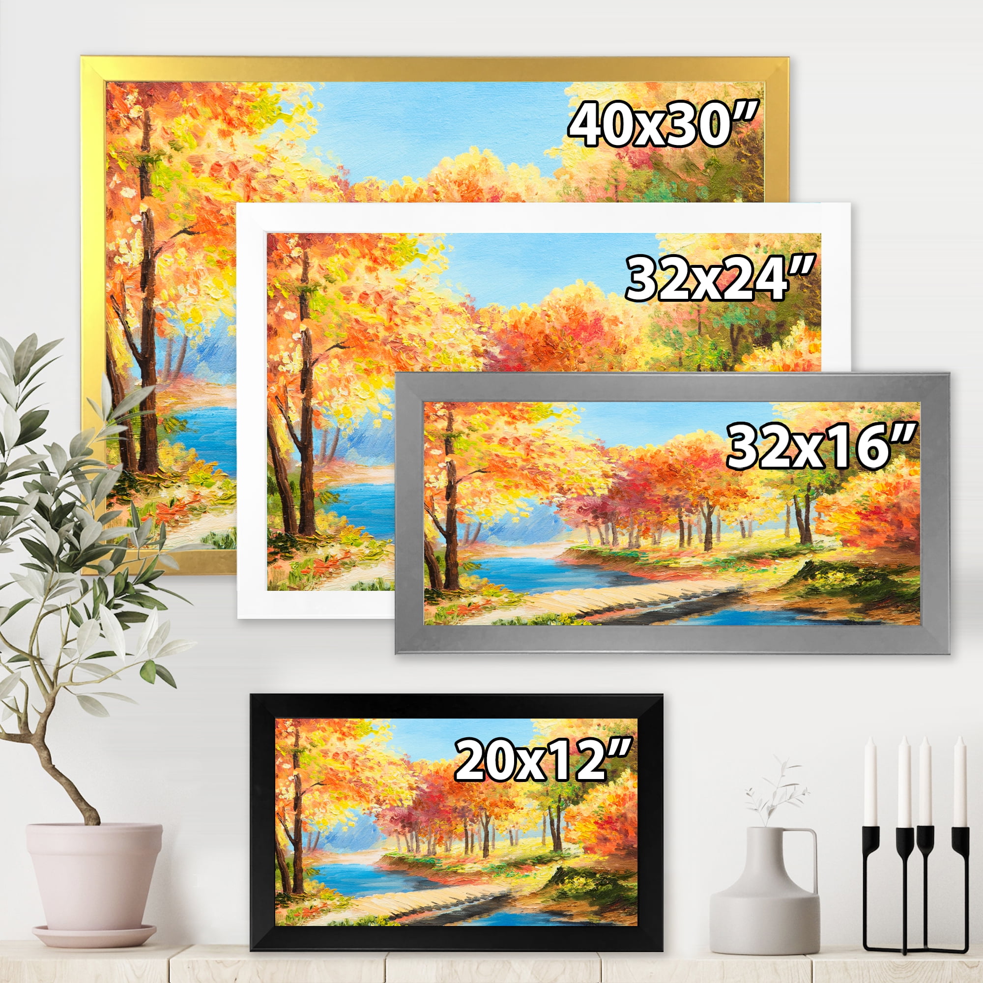 Designart 'Orange and Yellow Trees By The Riverside' Lake House Framed Art Print