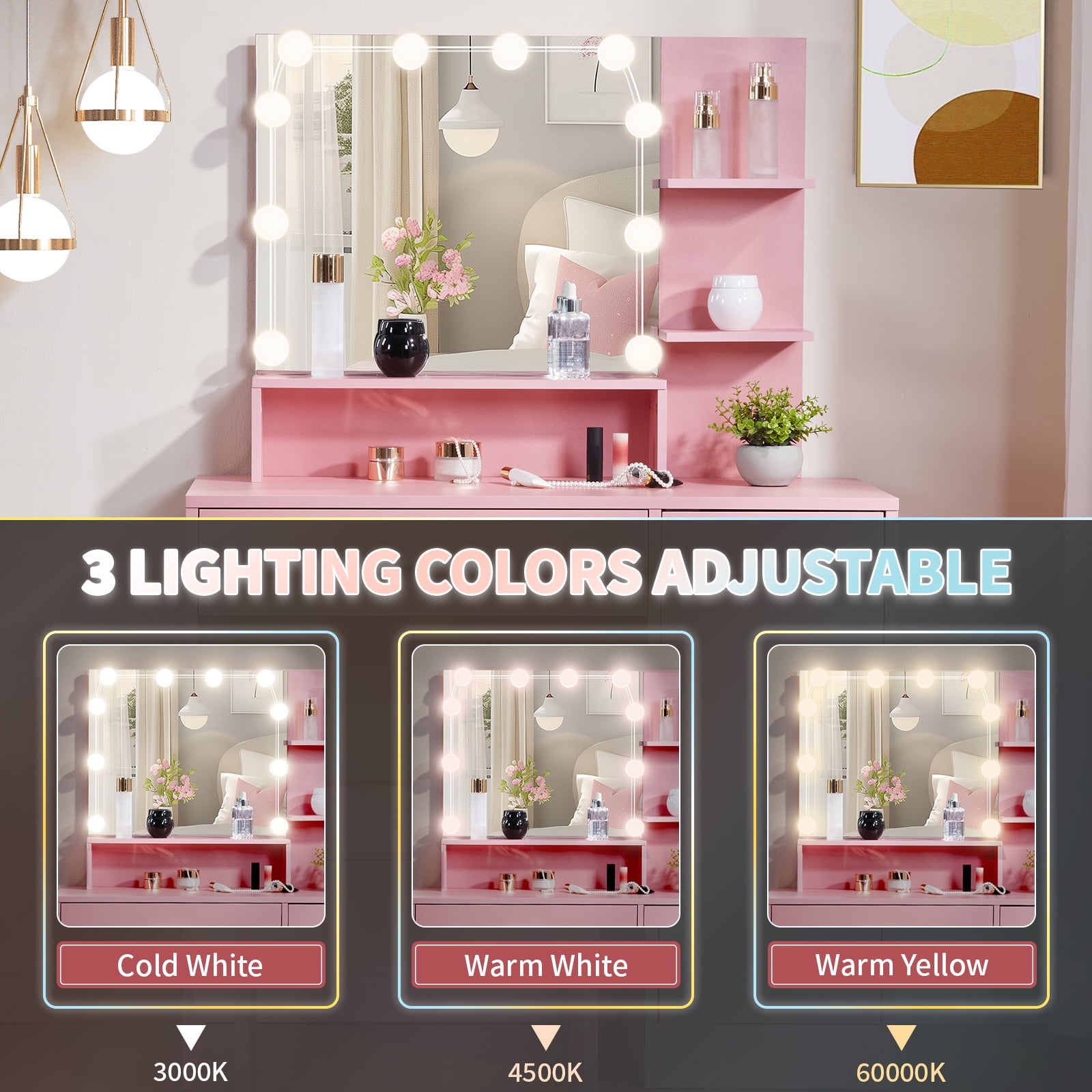 Vanity Set with 1 Drawer, 1 Door and 3 Shelf Layers, Three-Tone Dimmable Globe Bulb Lamp, Pink Textured Particle Board with Melamine Coating