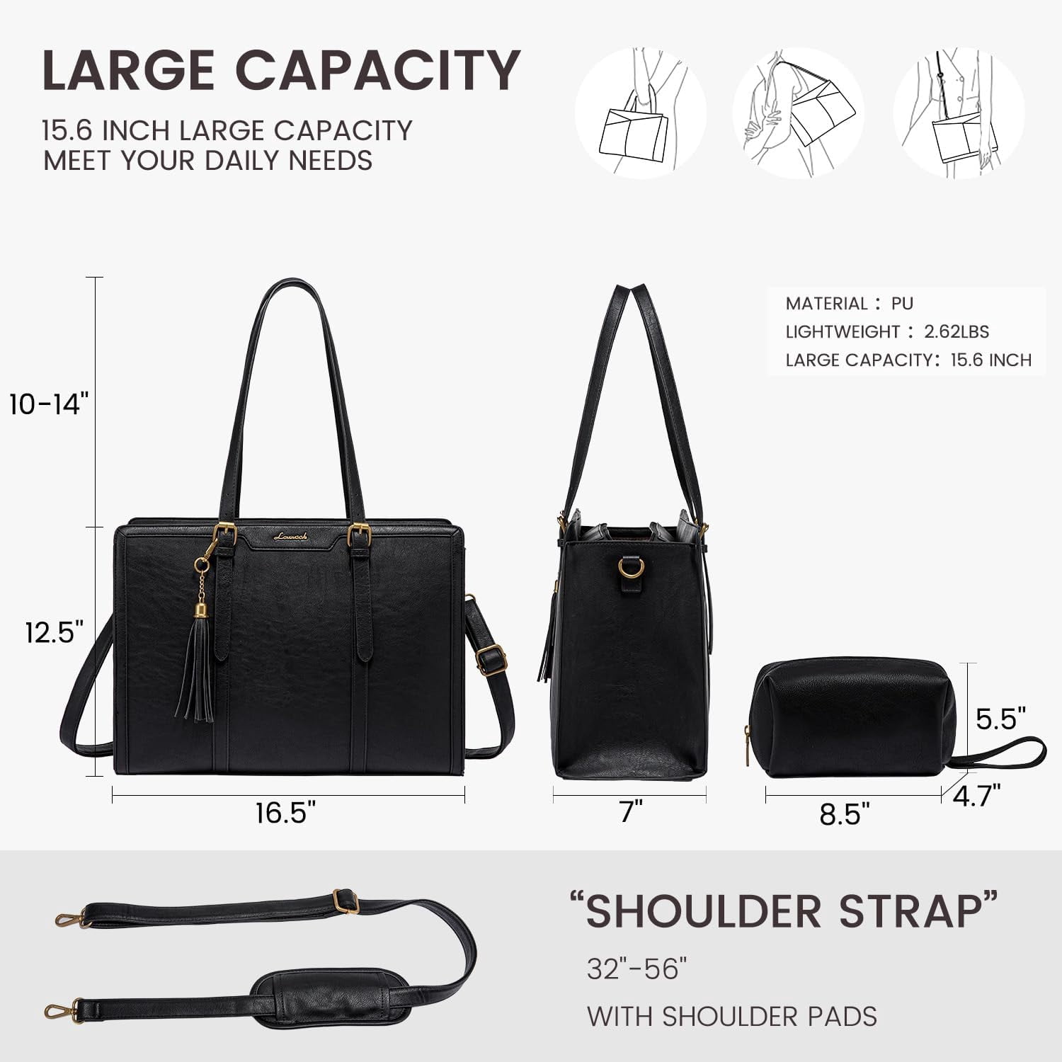 LOVEVOOK Laptop Bag for Women Vintage Leather Laptop Tote 15.6 inch Large Capacity Computer bag with Clutch Purse for Work