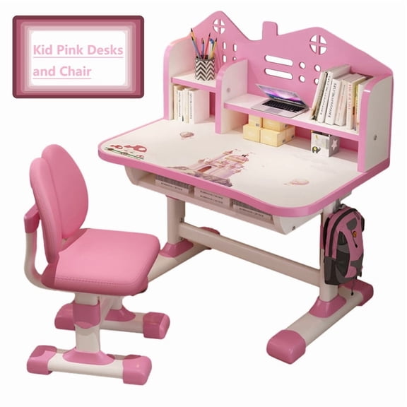 2026 New Study Table for Children, Height Adjustable Children School Desk with Shelf & Large Drawers, Kids Writing Study Table for Boys Girls 3+ (Pink)