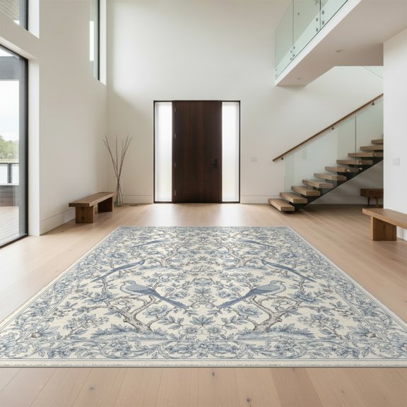 Design&I 8'x10' Washable Area Rug Chinoiserie Floral Birds Vintage Garden With Scrolling Vine Border for Living Room, Family Extra Large Skid-Resistant Low Profile