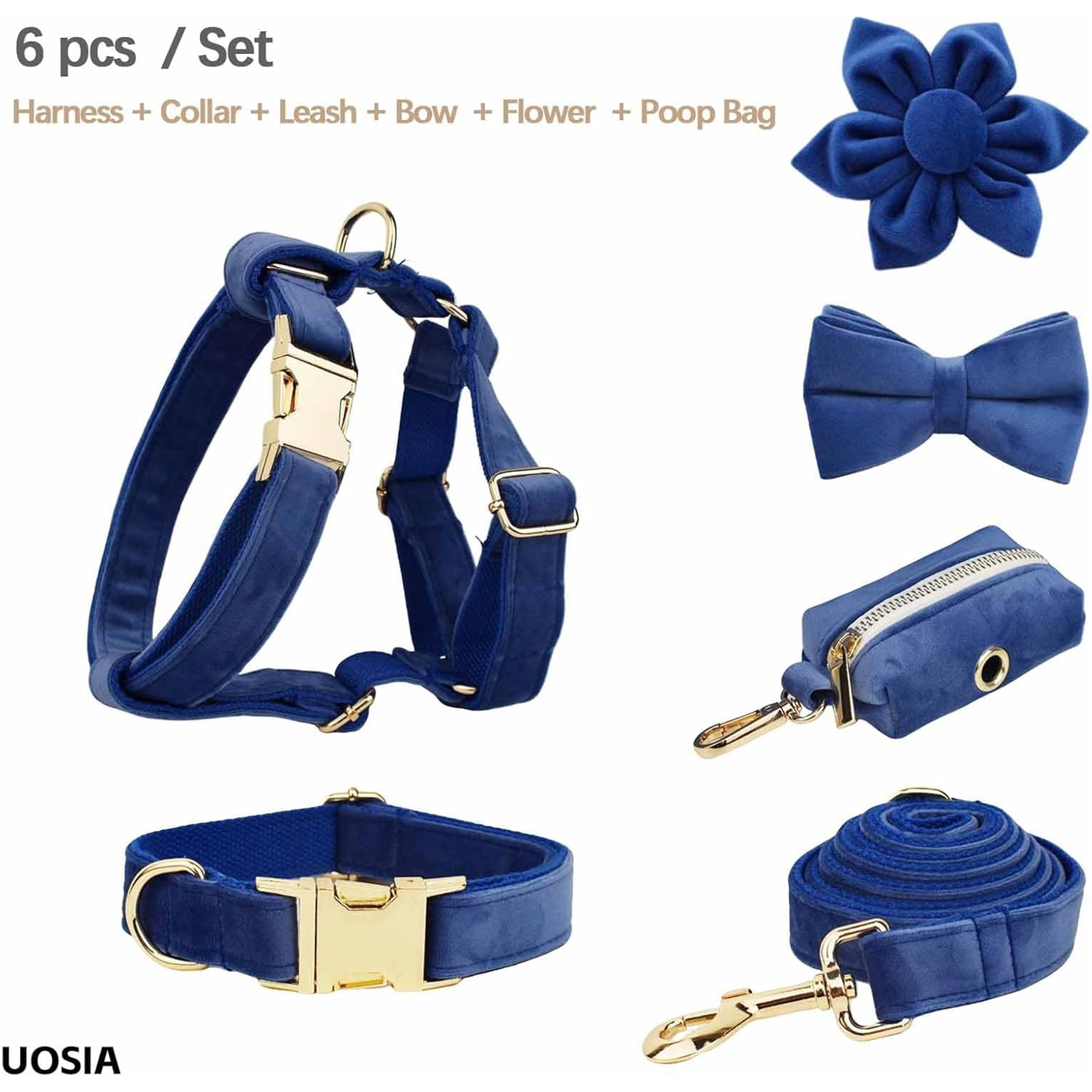 Collar & Leash Set with Metal Buckle No Pull Dog Harness,  Includes Flower，Bow & Poop Bag,Blue,S