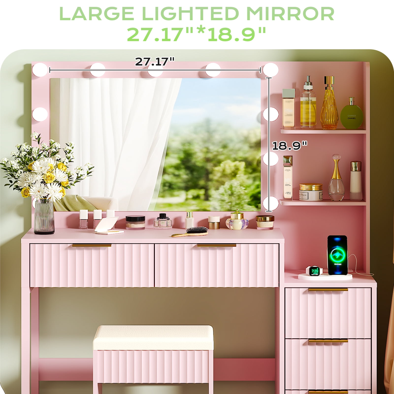Ktaxon Flutted Makeup Vanity Table Set with 5 Drawer, Dressing Table w/Charging Station, Vanity Desk for Femal Gift, Pink