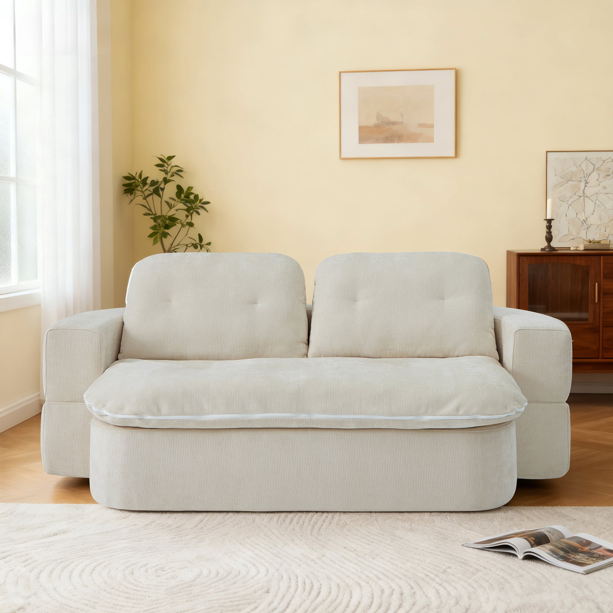 Jopath Sleeper Sofa Bed with 2 Pillows,Corduroy Convertible Futon Sleeper Sofa Couch,Modern Floor Sofa Bed,Folding Mattress for Living Room,Small Spaces,Beige