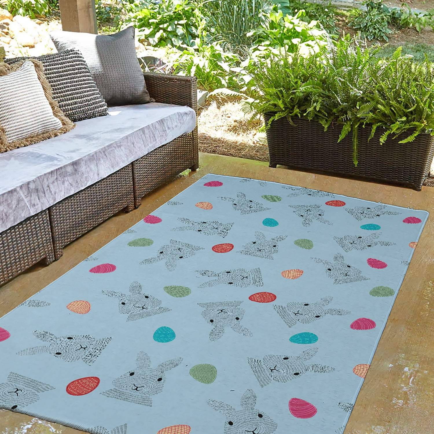 Simply Daisy 3' x 5' After Rain Blue Bunnies and Eggs Easter Chenille Indoor/Outdoor Rug