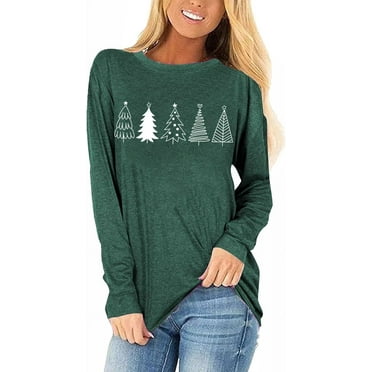 Womens Long Sleeve Merry Christmas T-Shirts Christmas Tree Bright Graphic Tee Tops (XL,Green)