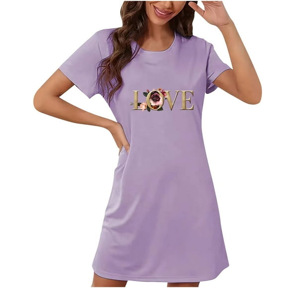 Amzcrzy Womens Pajamas Dress Trendy Love Graphic Valentines Day Dress Casual Short Sleeve Round Neck Mid Calf Nightdress Valentines Day Gifts for Women