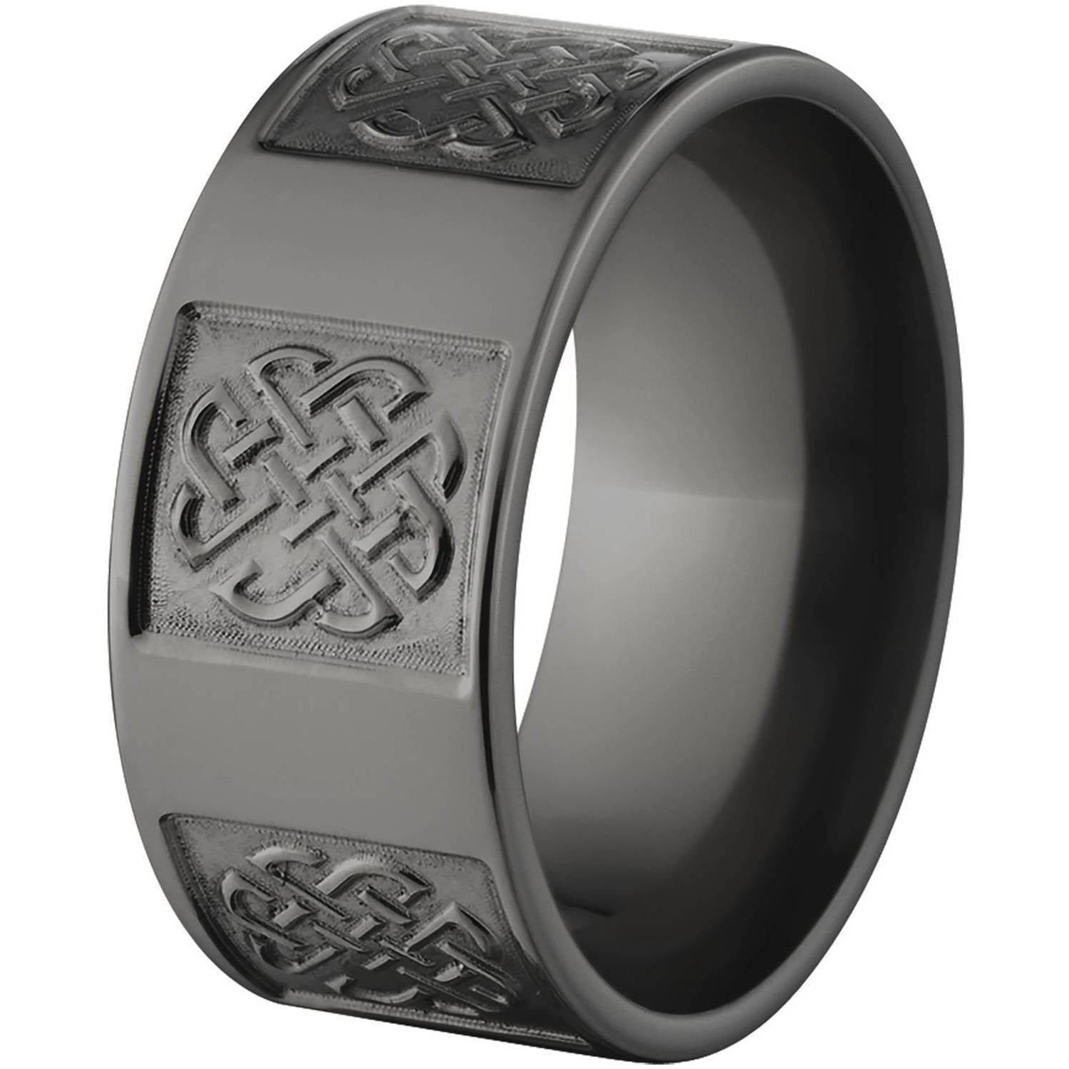 10mm Flat Black Zirconium Ring with a Milled Celtic Design