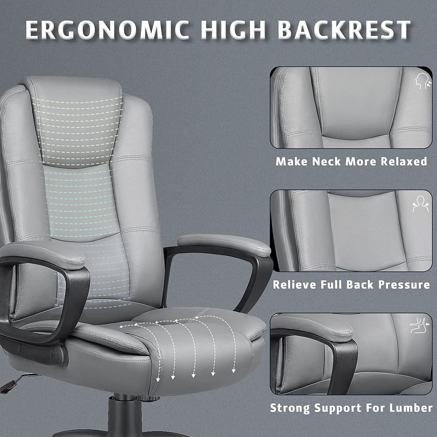 Waleaf Home Office Chair, 8Hours Heavy Duty Design, Ergonomic High Back Cushion Lumbar Back Support, Computer Desk Chair, Big and Tall Chair, Adjustable Executive Leather Chair With Arms