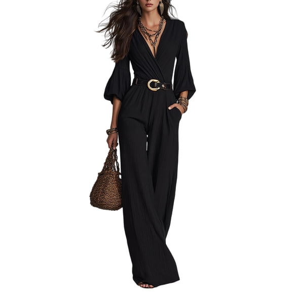 JoveMarine Womens Jumpsuits High Waist Long with Belt - Versatile Work Daily One Piece, Jumpsuits for Women Dressy Casual Jumpsuit, Formal Jumpsuits for Women for Office,Black L