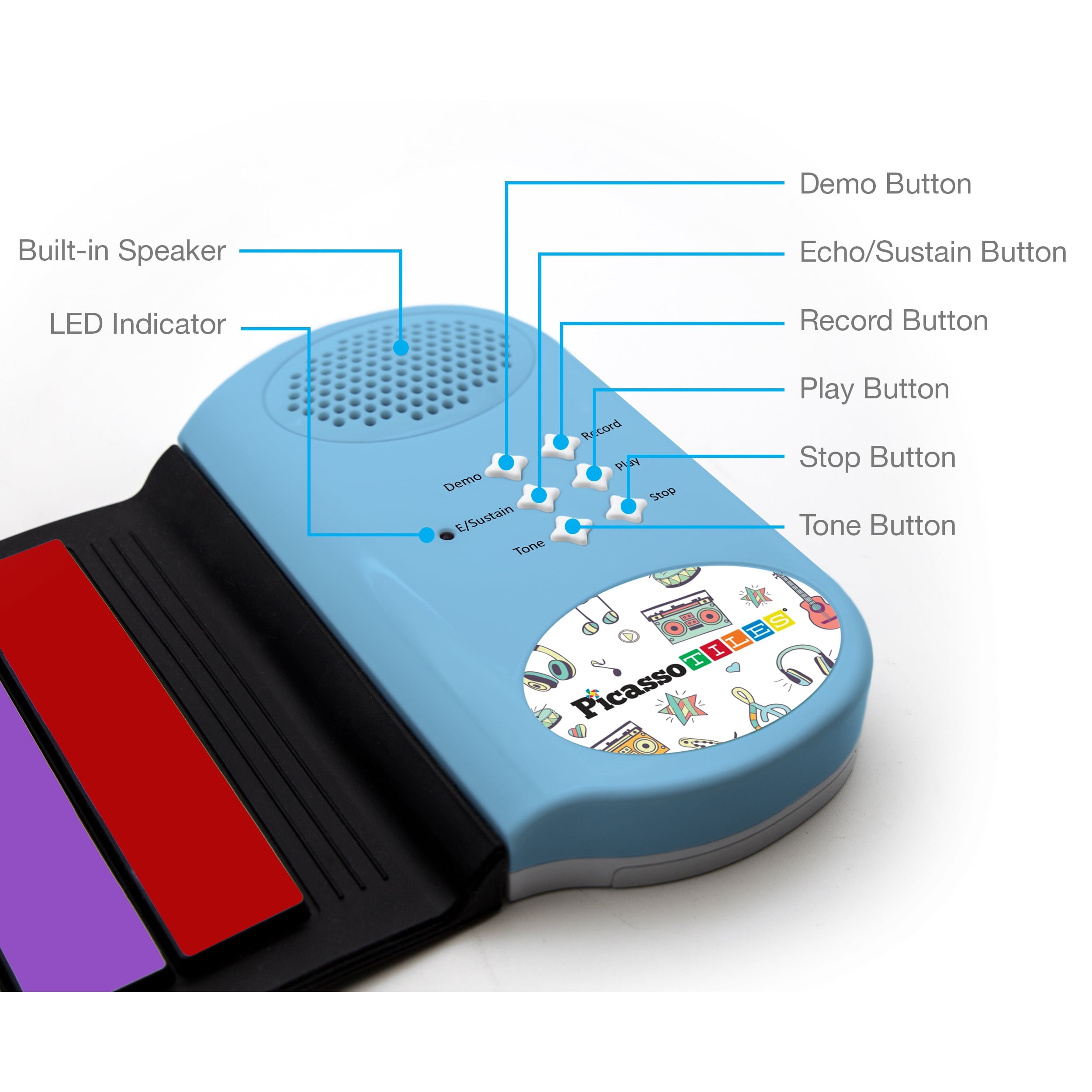 PICASSO-TILES 49-Key Flexible Roll-Up Electronic Digital Music Piano Keyboard w/Recording Feature, 8 Different Tones, 6 Educational Demo Songs & Build-in Speaker - Rainbow