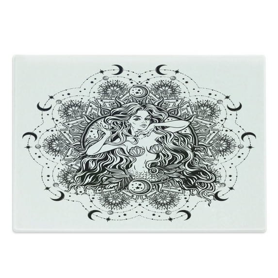 Vintage Mermaid Cutting Board, Girl with Fish Tail in Moon Mandala Inspired Motif Fantasy World, Decorative Tempered Glass Cutting and Serving Board, in 3 Sizes, by Ambesonne
