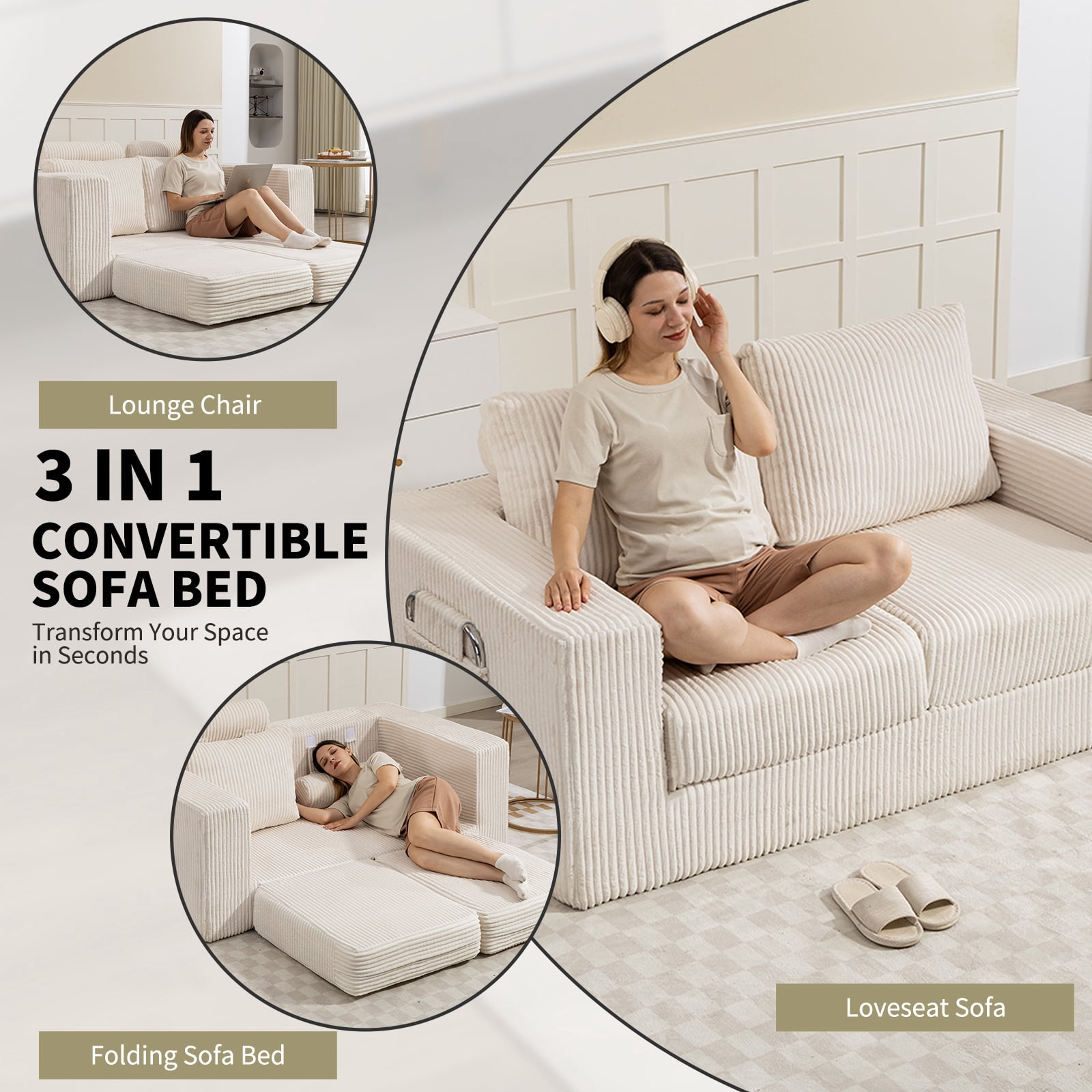 69 Inches Convertible Sofa Bed Boneless 2 Seats Loveseat Sleeper Sofa 2 Seater Small Couch 3-in-1 Folding Sofa Floor Sofa with Deep Seat No Assemble Required Beige