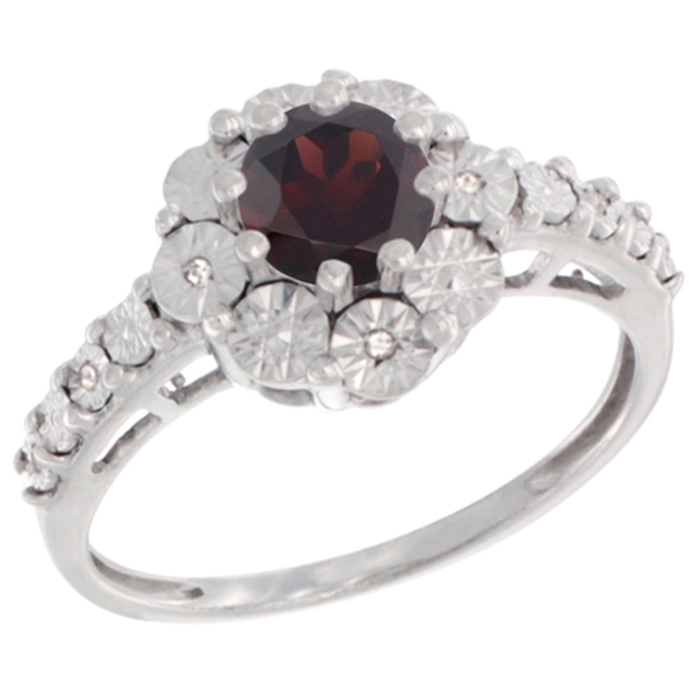 Sterling Silver Natural Garnet Ring Round 5x5, Diamond Accent, sizes 5 10 by WorldJewels