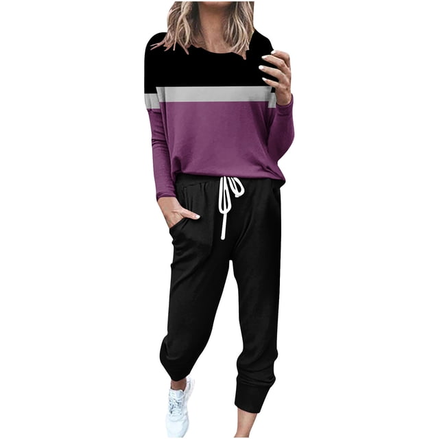 KIHOUT Sweatsuit For Women 2 Piece Outfits Colorblock Print Long Sleeve Round Neck Tops Casual Darstring Pants Jogger Lounge Set