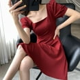 thumbnail image 6 of Women Retro Puff Short Sleeve Square Neck Solid A-Line Midi Long Swing Dress, 6 of 21
