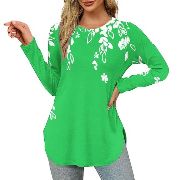 WXLWZYWL Items for Women under 5 Womens Pullover Tops Flower Floral Printed T Shirt Crewneck Long Sleeve Tees Fall Tunic Shirt