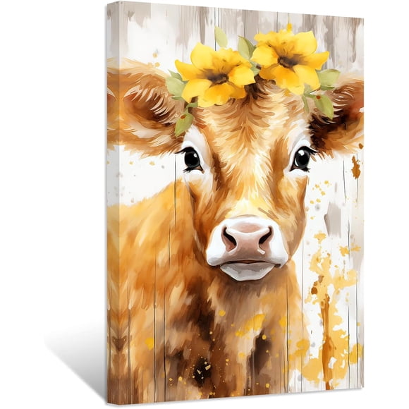 ZHONGYUTONG Cow Canvas Wall Art Brown Cow with Flower Picture Cute Animal Paintings Prints Vintage Artwork Rustic Farmhouse Wall Decor Framed (16.00" x 24.00")