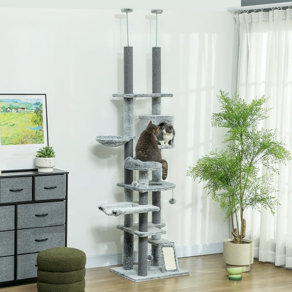 PawHut 89"-100" Floor to Ceiling Cat Tree with Cat Perch & Condo, Gray