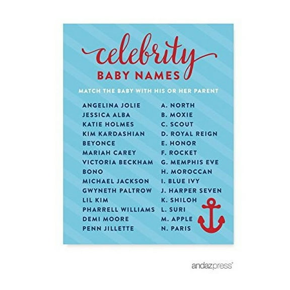 Celebrity Name Game Navy Blue Nautical Baby Shower Game, 20-Pack