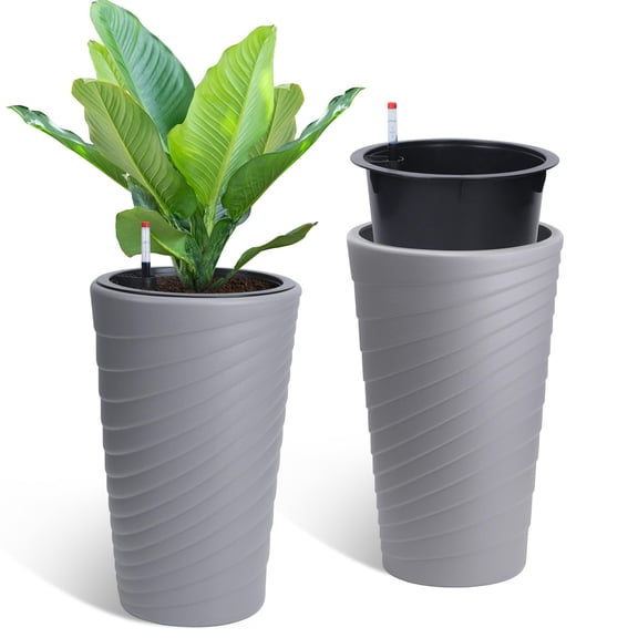 Set of 2 Tall Self-Watering Planters – 23.5" Large Flower Pots with Water Level Gauge & Drainage for Indoor/Outdoor Garden Patio – Light Gray