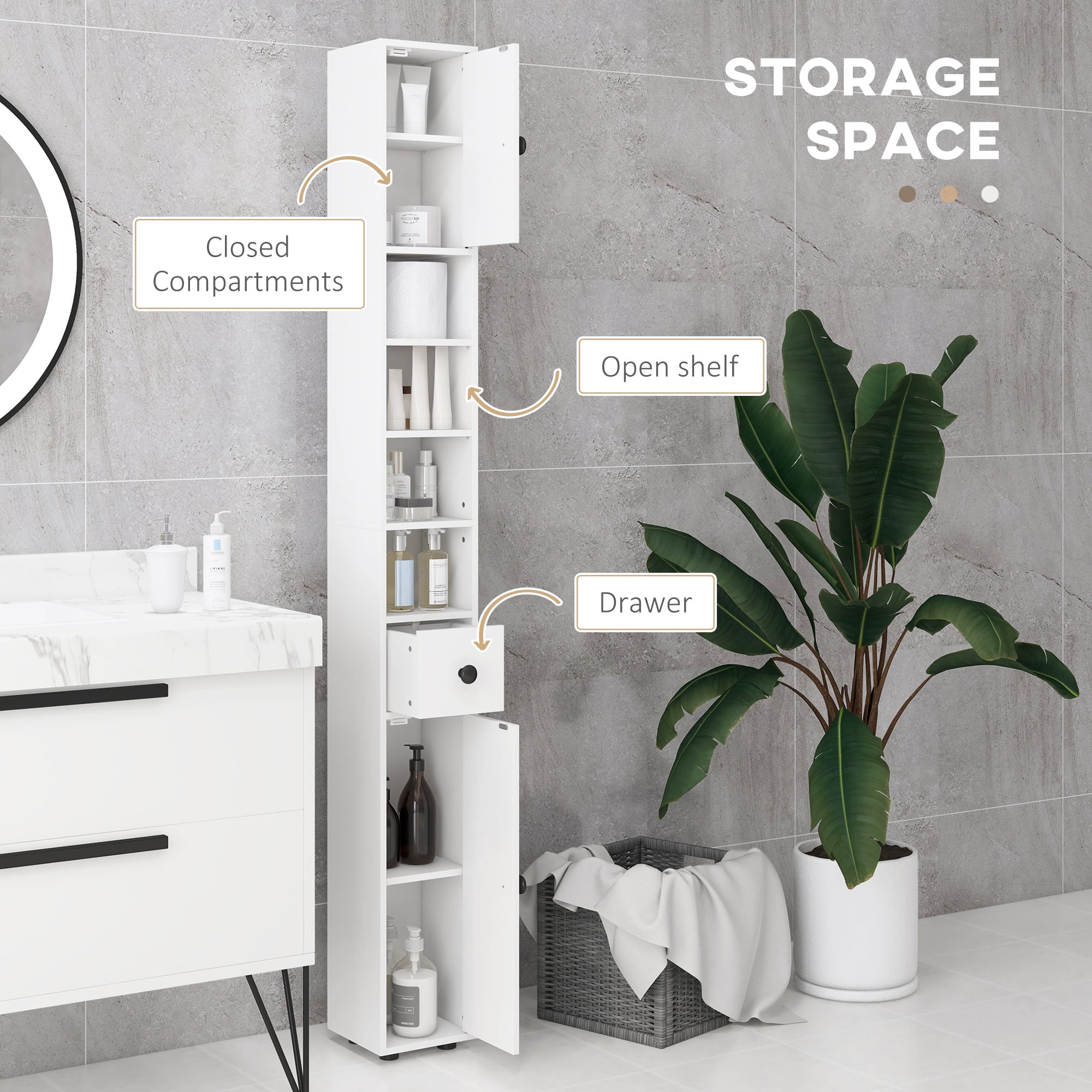 Tall Bathroom Storage Cabinet with Open Shelves & Cabinets, Adjustable Shelves, Anti-Tipping Design, Particle Board Organizer for Bathroom