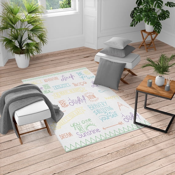Adventure Turkish Area Rug, Various Words on Happiness and Self Value Uplifting Phrases Being Who You Are, Carpet for Living Room Decor with Distressed Look, 5.2' X 7.6', Lavender Green, by Ambesonne