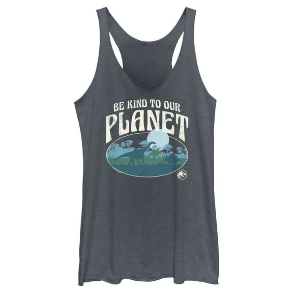 Women's Jurassic World Be Kind to Our Planet Racerback Tank Top Navy Blue Heather X Small