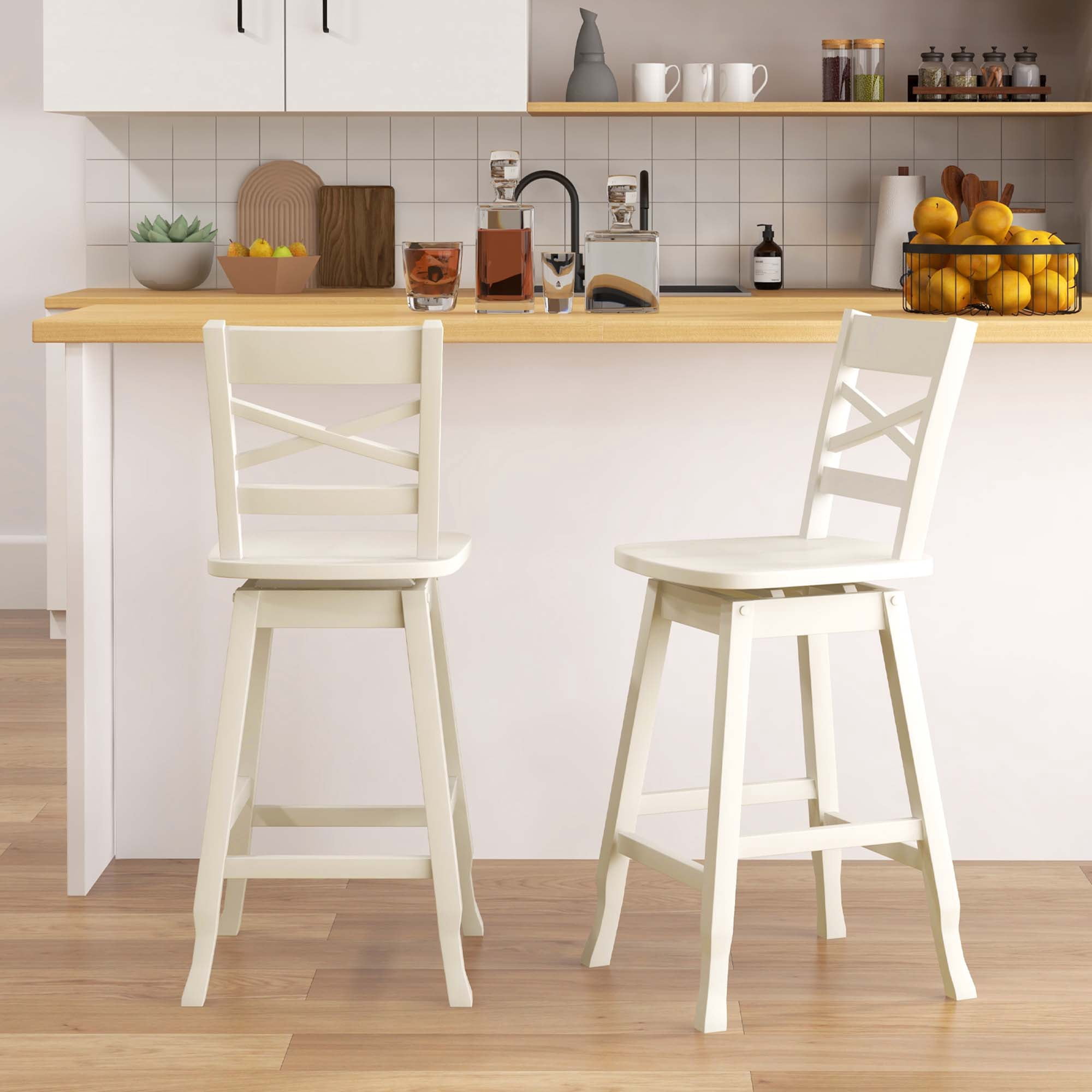 Costway Swivel Inclined Backrest Bar Stools, White (Set of 2)