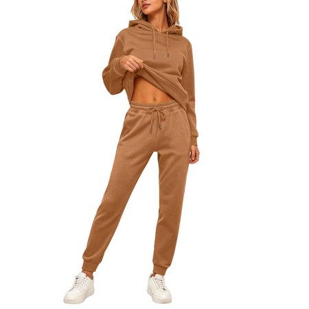 Huowey Women S Sweatsuits 2 Piece Set Fall Loungewear Outfits Hoodie And Joggers Pants Long Sleeve Trendy Travel Clothes Brown XL