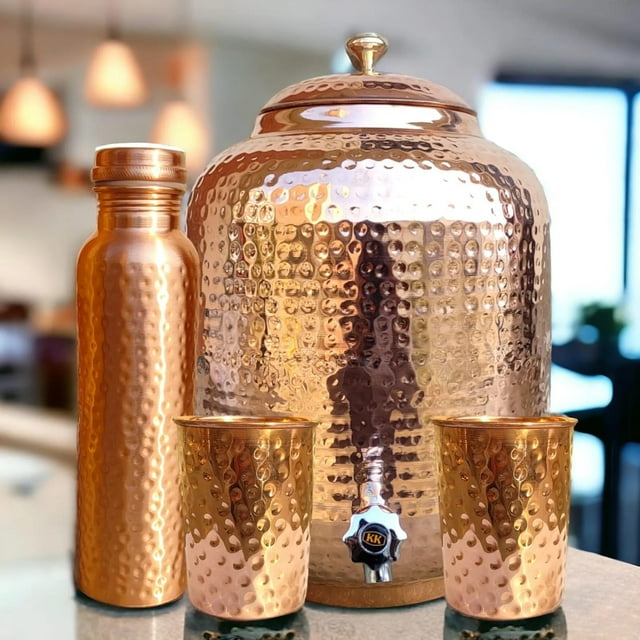 Handmade 100% Pure Copper Hammered Dispenser Water Pitcher, Container, Pot 4 Liter with 2 Glass 1 Bottle