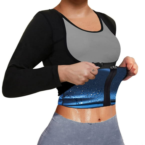 Combinaison de Sauna pour Femmes Veste de Sudation Gainante Taille Haute Manches Longues Fermeture Éclair Haut d'Entraînement (Noir, 3TG)