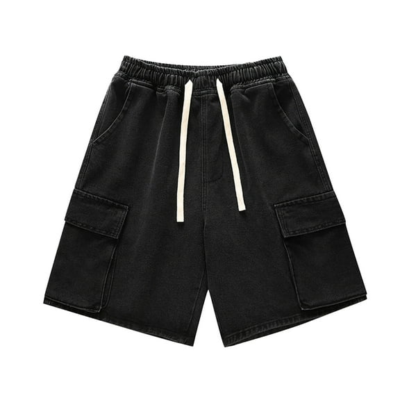 Jean Shorts Men Drawstring Elastic Waist Loose Fit Casual Cargo Jeans Shorts Summer Solid Color Mens Denim Shorts