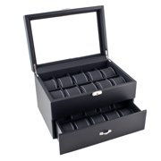 Caddy Bay Collection Black Carbon Fiber Pattern White Stitching Watch Box Display Case