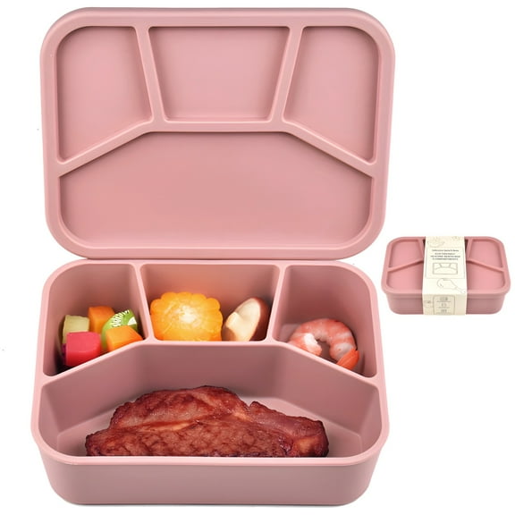 Silicone Bento Lunch Box Containers, Bento Box with Leakproof Design, 4 Compartments, Microwave and Dishwasher Safe, 8.3 x 6.3 x 2.3 in
