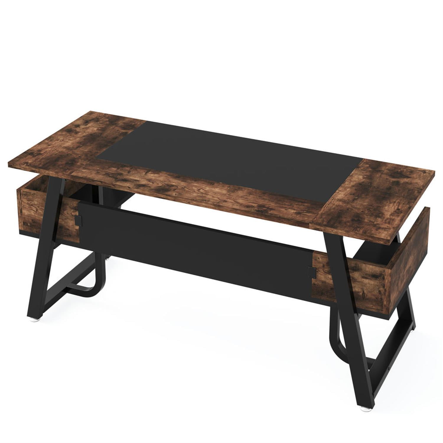 Demi Bonn 63" Executive Computer Desk with Storage Shelf,dustrial Study Writing Gaming Table for Home Office, Brown