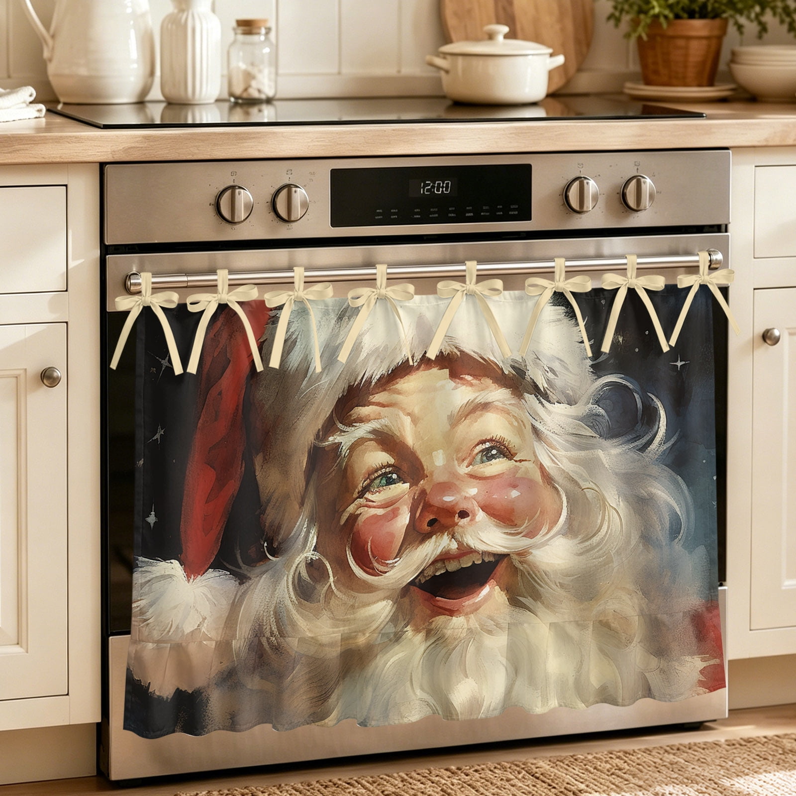 Oven Curtain for Kitchen Cute Santa Claus Christmas Red Hat Stove Curtain With Ruffled Trim Dishwasher Curtains Watercolor Oil Painting Art Oven Skirt 32 x24