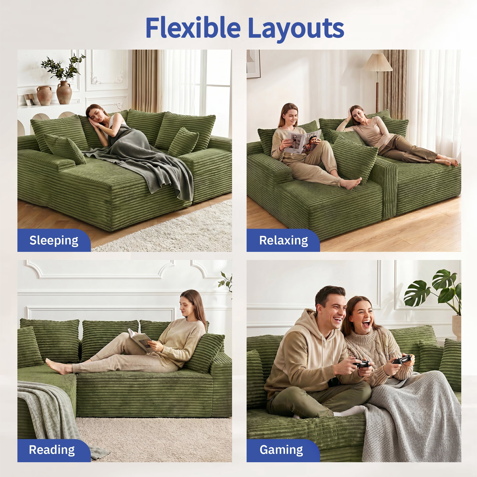 Leumius 95" Boneless Modular Sectional Sofa with Chaise,L-Shaped Comfy Corduroy Couch with Deep Seat,Upholstered Sectional Couch for Living Room, No Assembly,Green