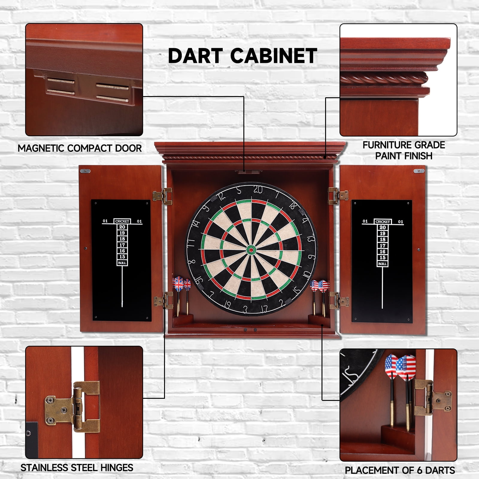 GSE Games & Sports Expert Premium Solid Wood Dartboard Cabinet Set with Bristle Dartboard, Dart Scoreboard and 6 Steel Tip Darts for Target Game Indoor Game (Brown)