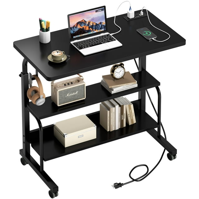 Soges Bureau d'Ordinateur Réglable en Hauteur de 31,5 Pouces avec Station de Recharge, Table d'Appoint Réglable Bureau Mobile pour Portable avec 2 Étagères de Rangement, Bureau Réglable sur Roulettes pour Bureau à Domicile, Sofa, Lit, Noir