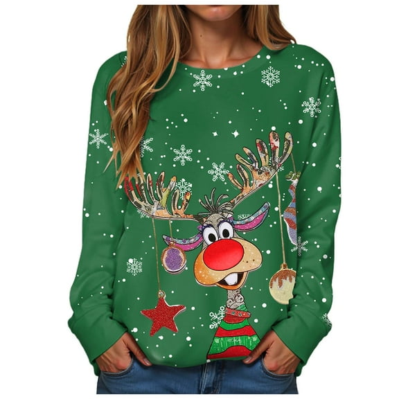 larppty Christmas Sweatshirts for Women Ugly Reindeer Print Party Outfit Xmas Funny Casual Shirts (Green, XXL)