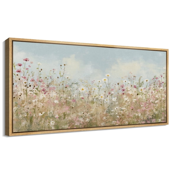 Large Framed Canvas Wall Art Summer Wildflowers Field Landscape Print for Living Room Decoration - 60"x30" Natural Framed