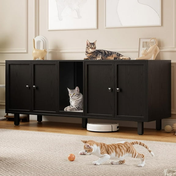 59 Inches Cat Litter Box Enclosure for 2 Cats, Hidden Litter Boxes Furniture with Cat Scratch Pad, Large Indoor Pet House with Double Room, Wooden TV Stand Side Table, Black
