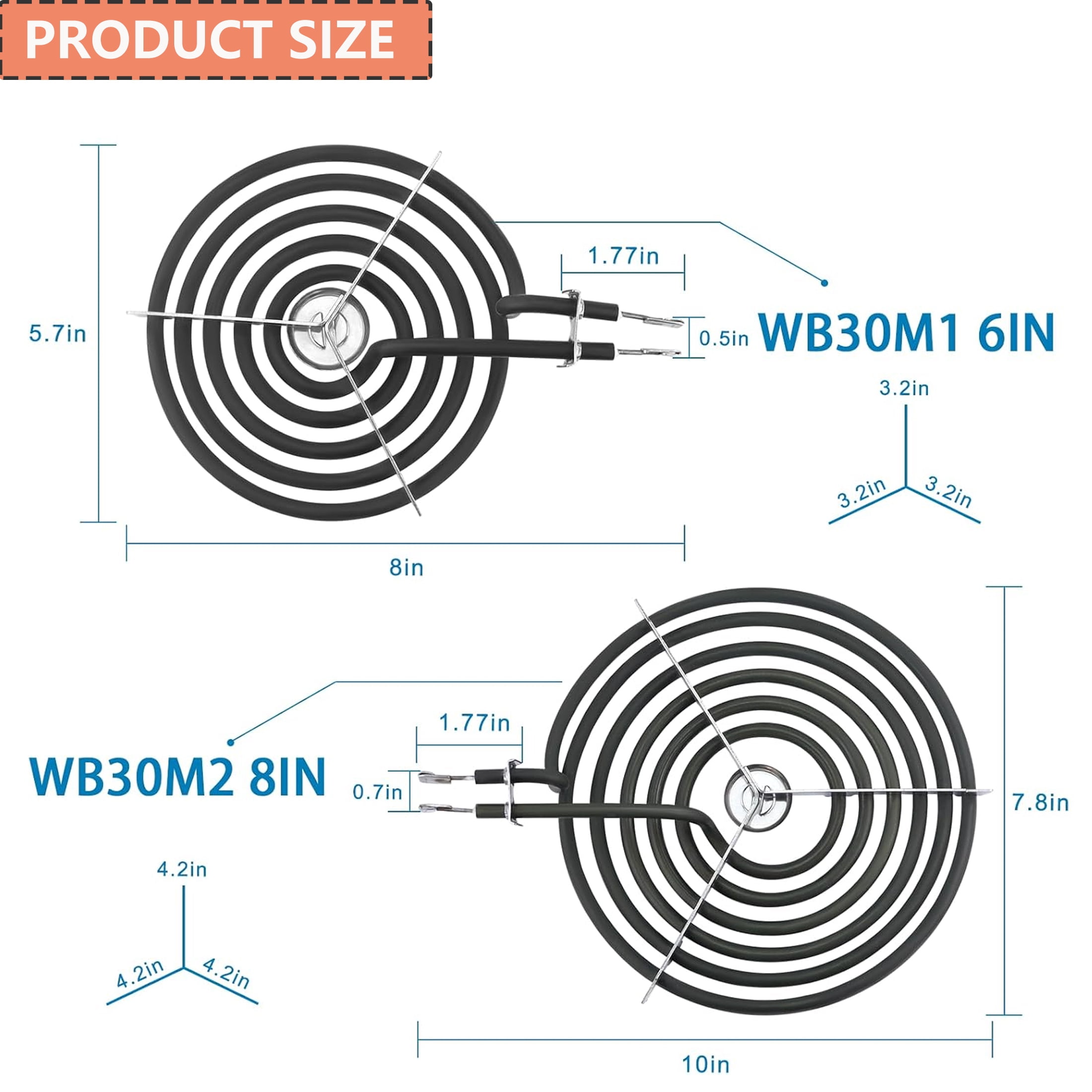 WB30M1 and WB30M2 Electric Stove Burner Element Replacement Compatible with GE Hotpoint Electric Range Stove - 2 * 8" and 2 * 6"