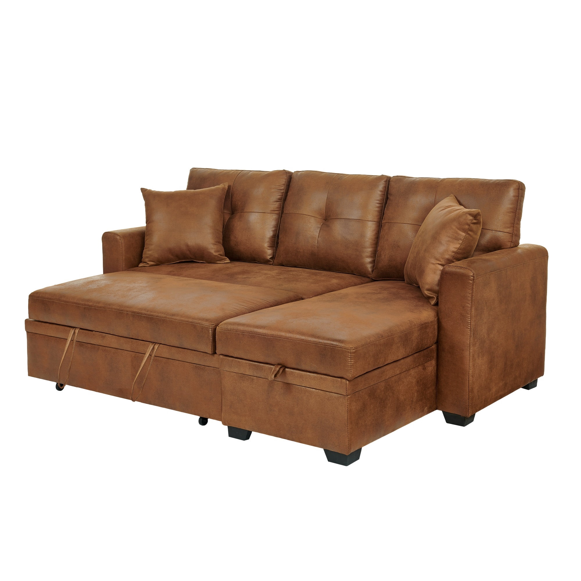 Pull-Out Convertible PU Leather Sectional Sofa Set with Reversible Chaise Lounge, Sleeper Loveseat Couch with Hidden Storage