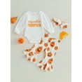 thumbnail image 2 of Newborn Baby Girls My 1st Halloween Outfits Long Sleeve Letter Romper Pumpkin Bell Bottoms Headband Fall Winter Clothes, 2 of 8